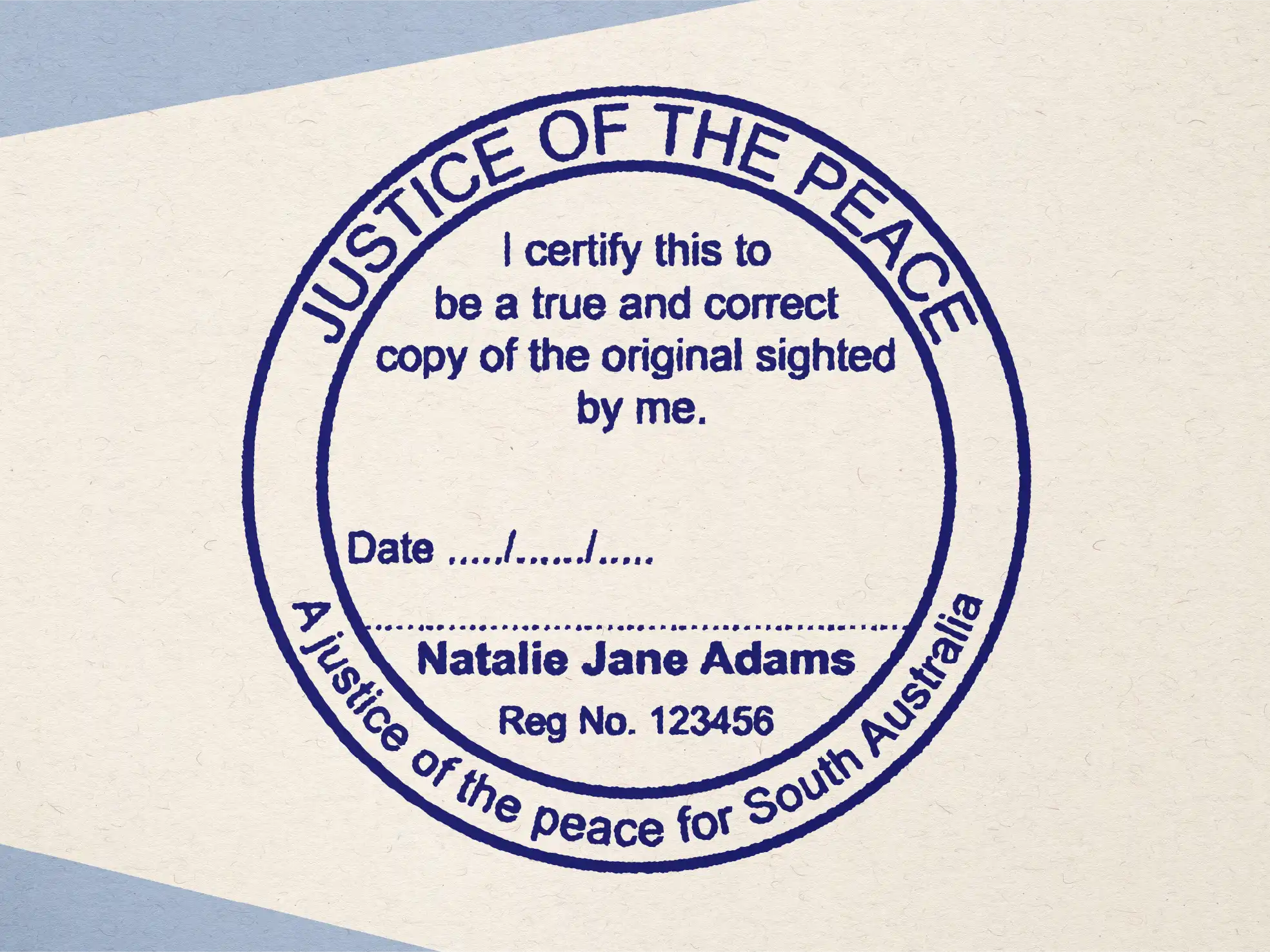 Personalised Justice of the peace Rubber stamp Round design mock impression