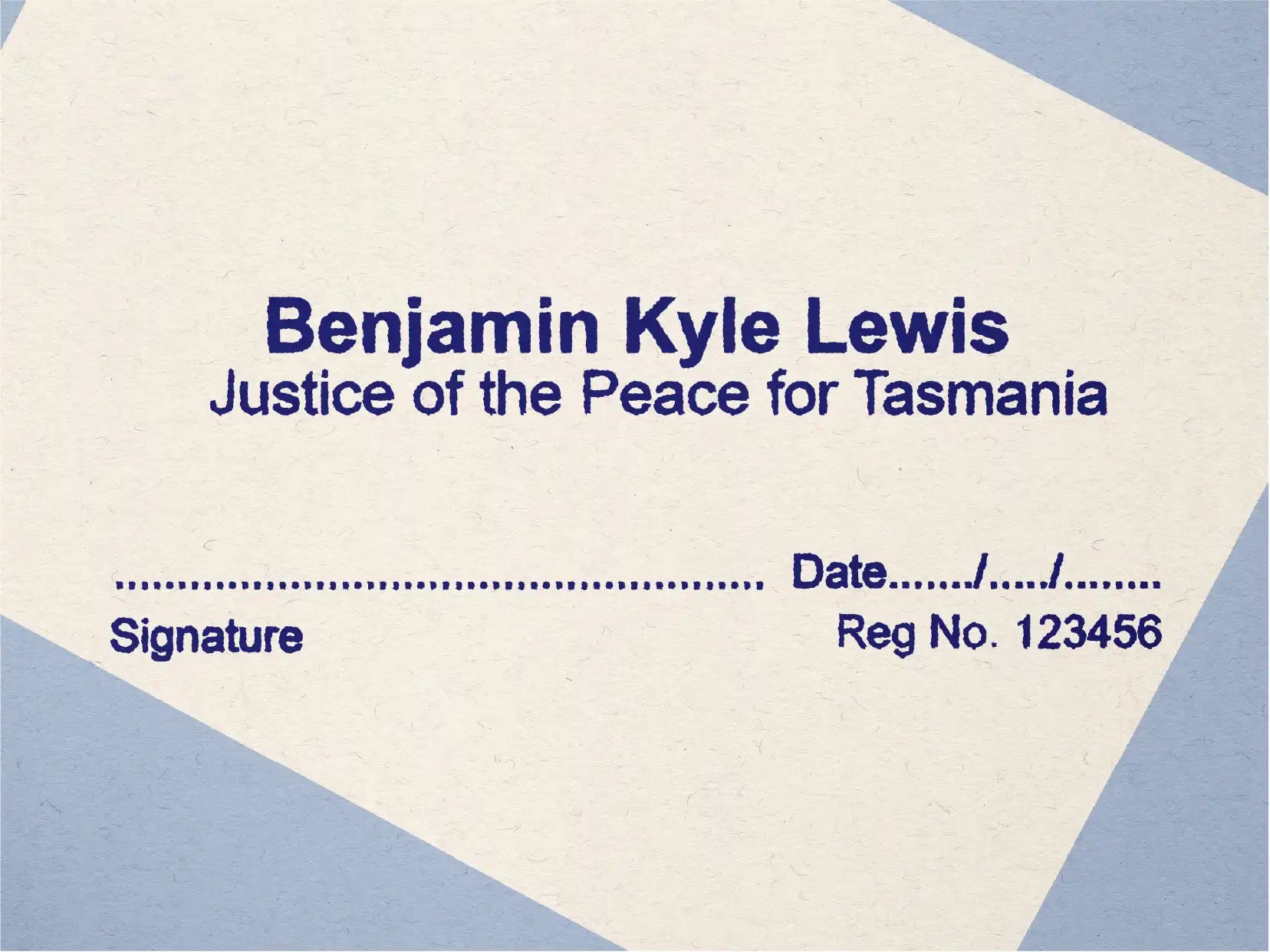 Blue personalised Justice Of The Peace name and signature rubber stamp