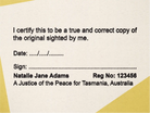 Justice of the Peace Custom Stamps TAS true copy with name, registration, Date signature and true copy text 