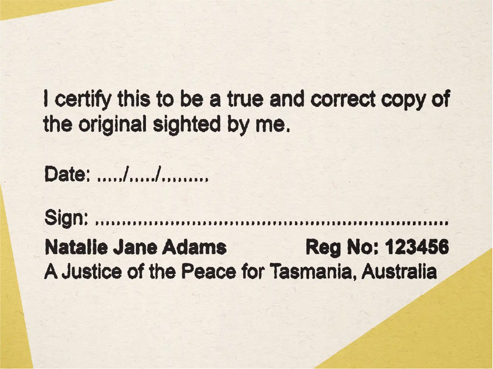 Justice of the Peace Custom Stamps TAS true copy with name, registration, Date signature and true copy text 