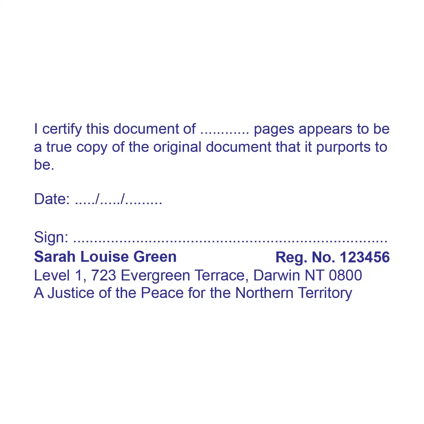 Northern Territory Justice of the Peace Stamp for Multiple page documents