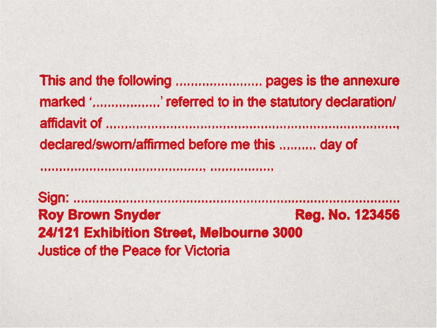 Red mock impression Lawyer custom Annexure stamp Victoria