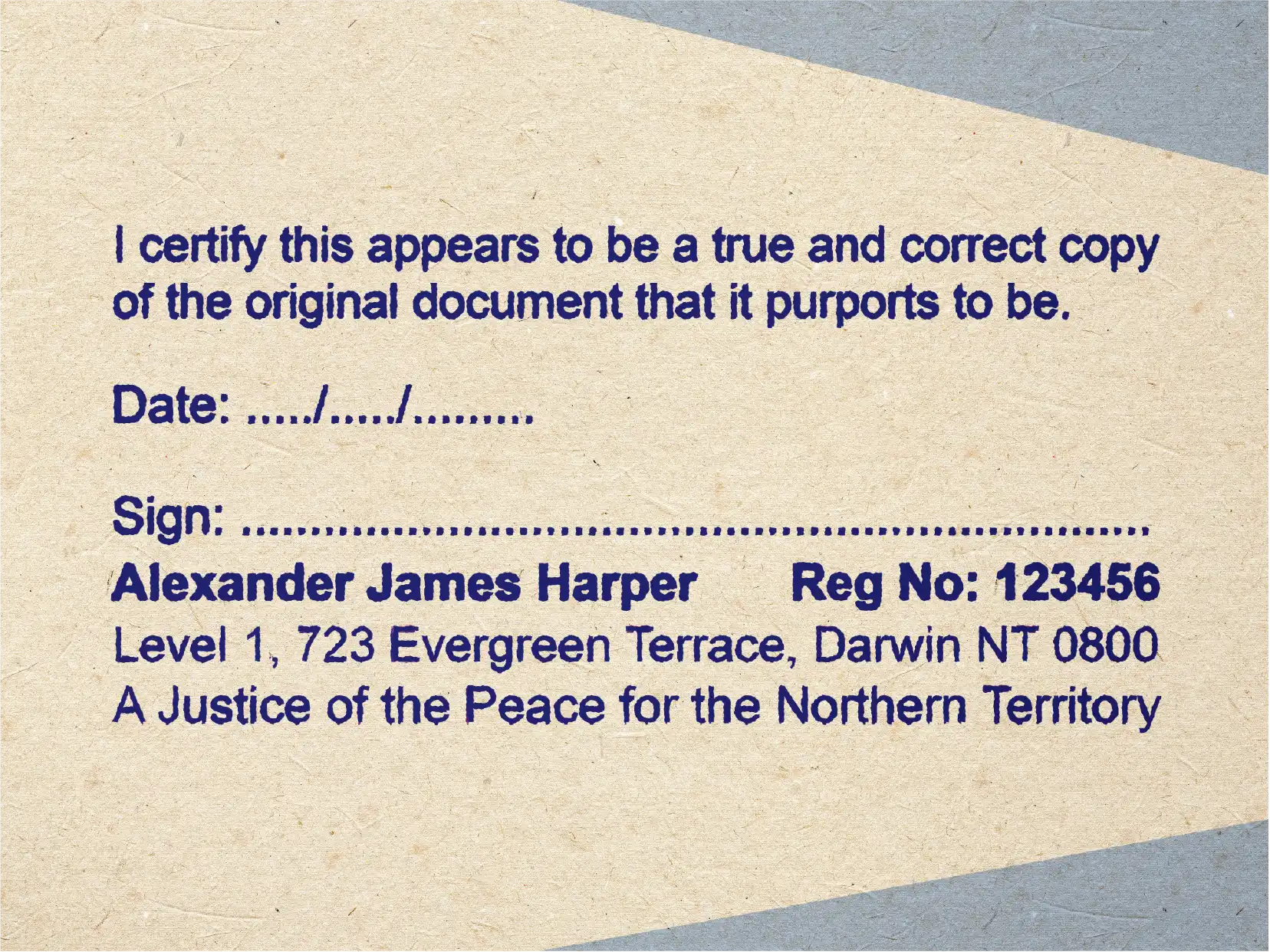 Northern Territory Justice of the Peace Rubber Stamp, Custom Text 