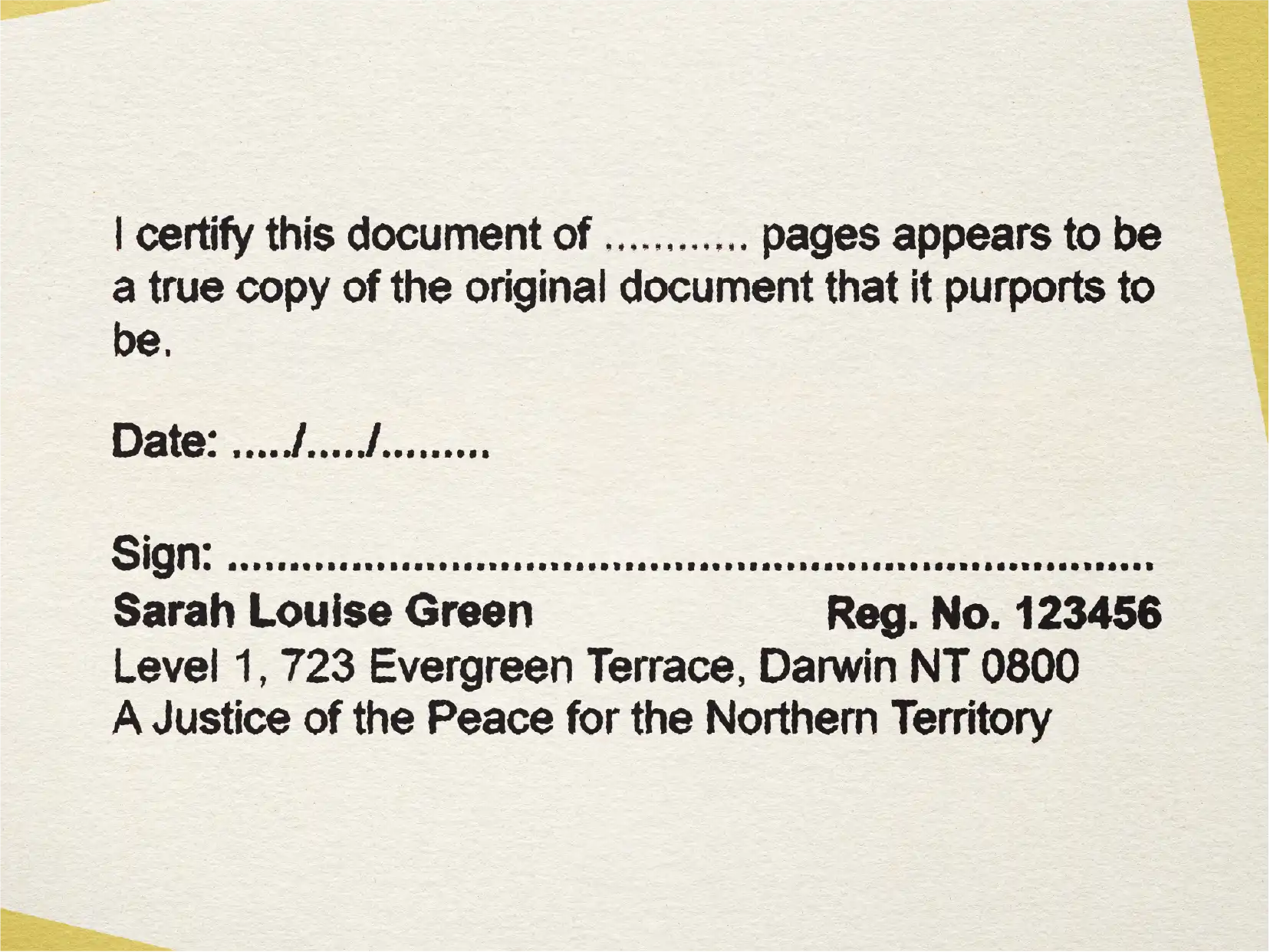mock impression, Customised Northern Territory Justice of the Peace Stamper for Multiple page documents