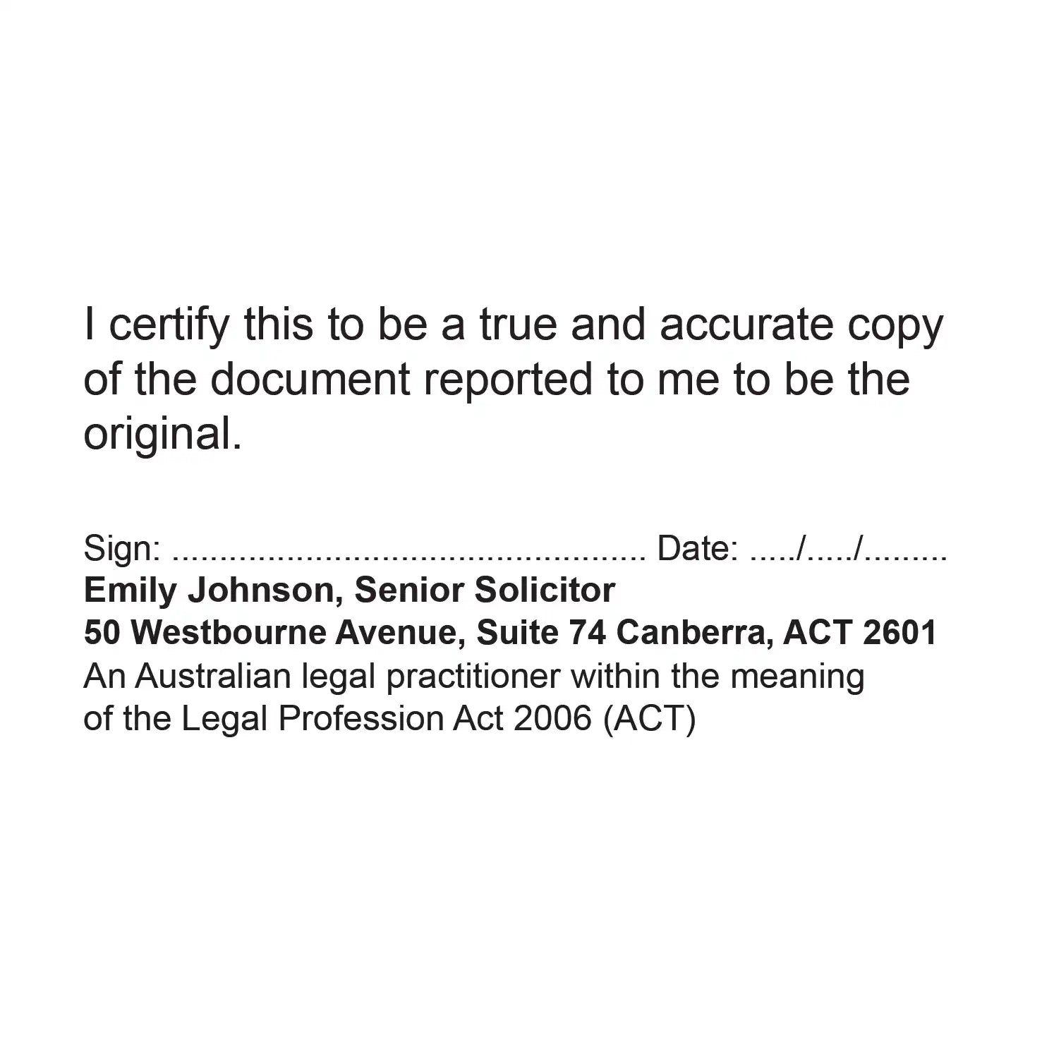 Black True Copy Solicitor stamps ACT