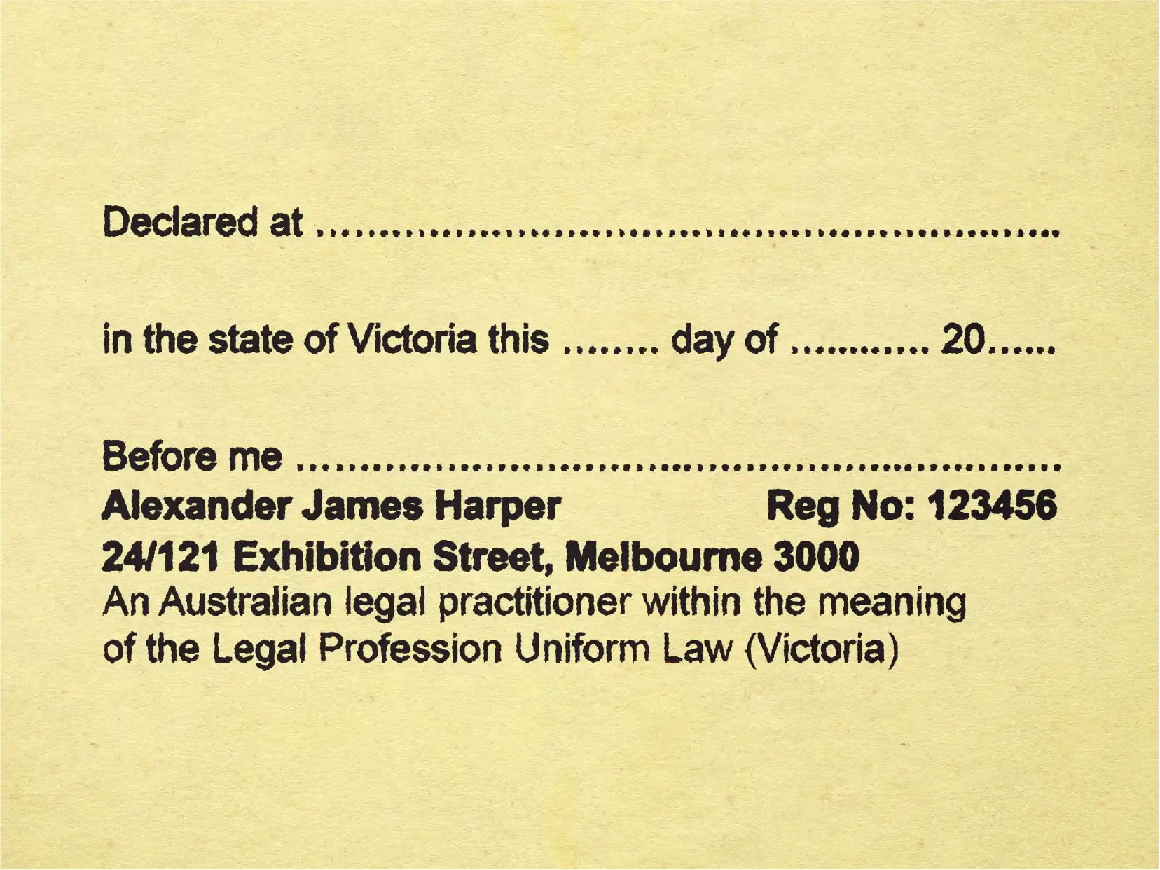 Black self inking Statutory Declaration stamp customised for victorian Legal Practitioner