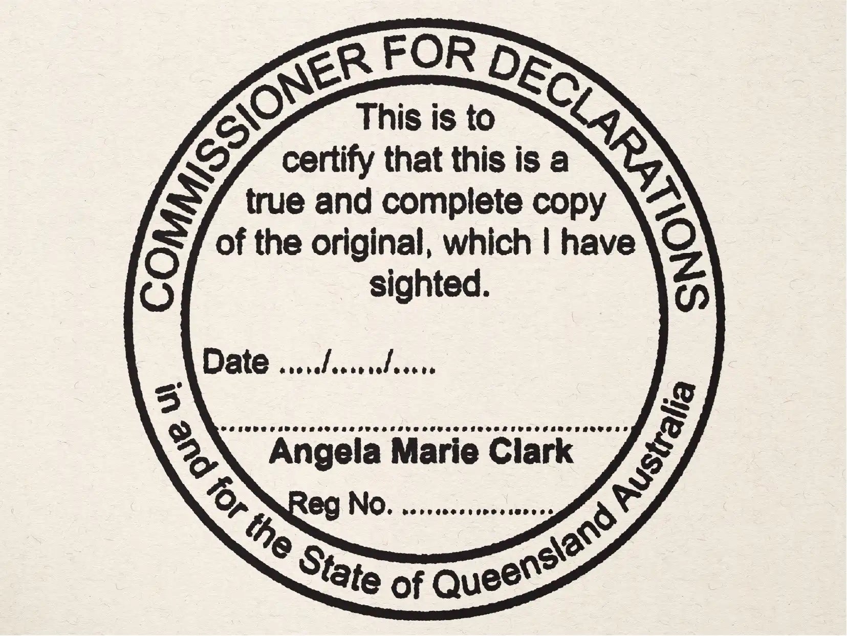 Personalised JP stamps QLD c.dec true copy text